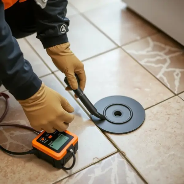 Gloved hands placing an acoustic leak detection sensor on a tile floor