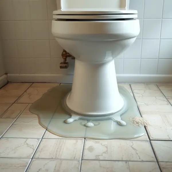 Water pooling around the base of a toilet on a tile floor