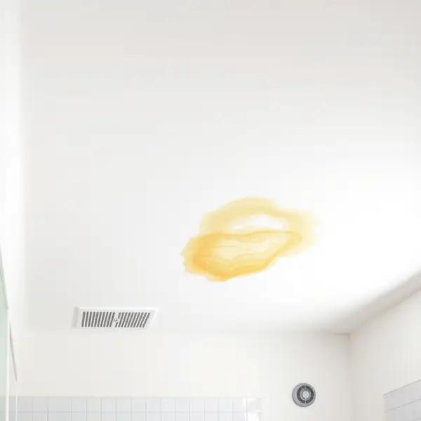 Yellow water stain on a white bathroom ceiling near an air vent
