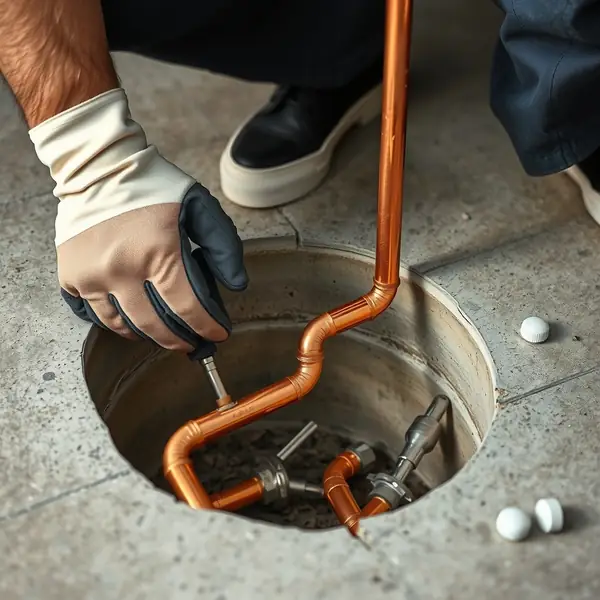 Plumber's gloved hands repairing a copper pipe in an opened section of concrete floor