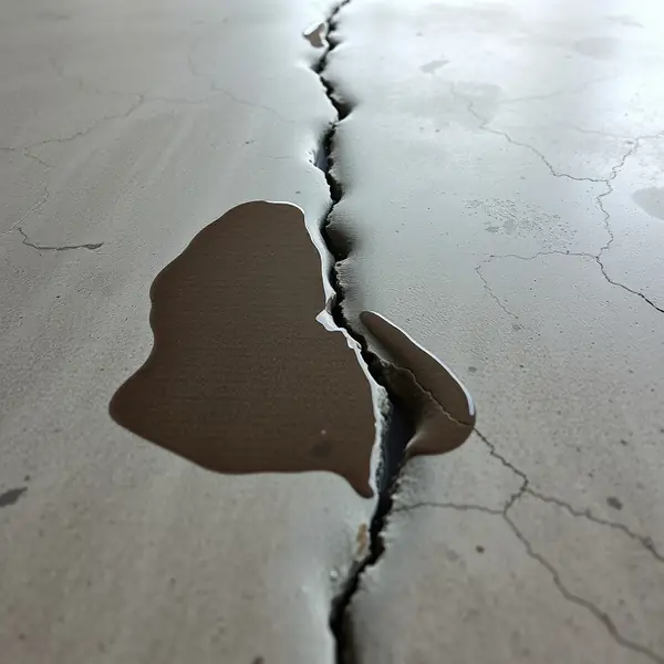 Cracked concrete slab floor with a dark damp water stain