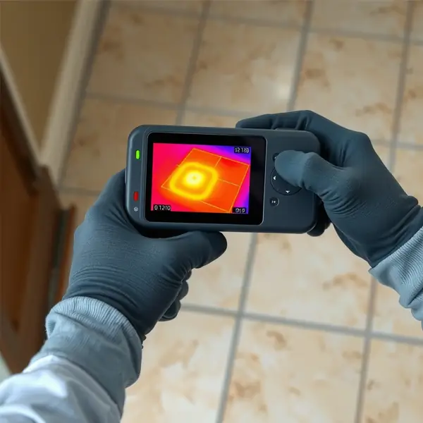 Gloved hands holding a thermal imaging camera showing a warm spot on a tile floor