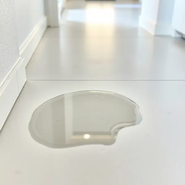 Small puddle of clear water on a light tile floor in a hallway