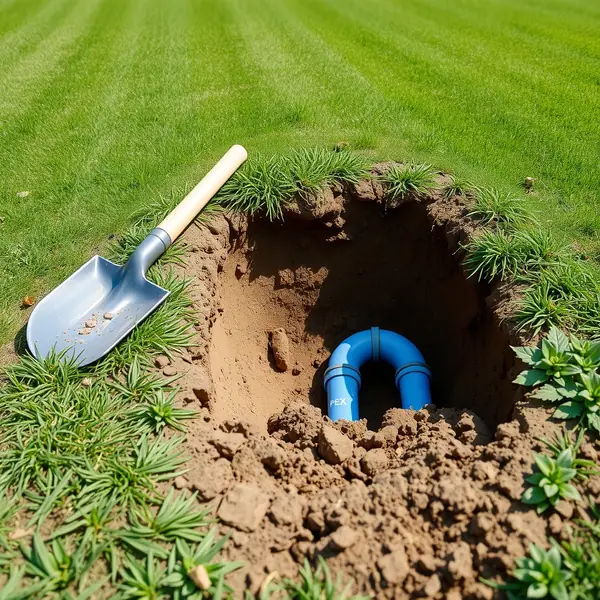 Small trench in a front lawn exposing a blue main water service line